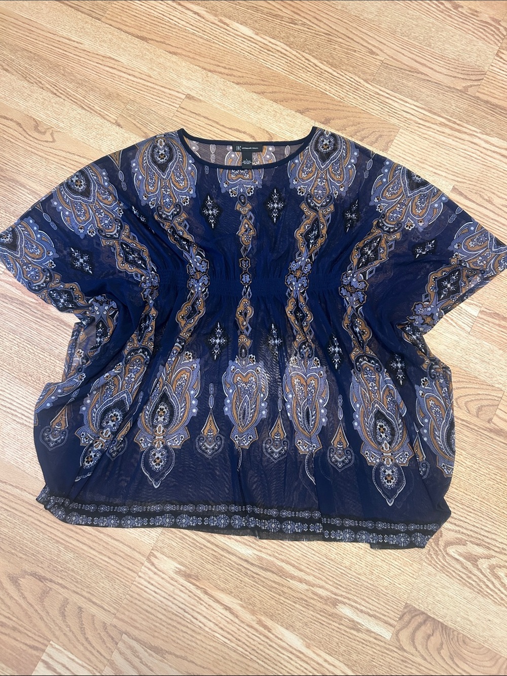 INC International Concepts Navy Paisley Sheer Short-Sleeve Blouse